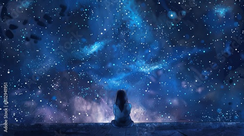Solitary girl gazing at a mesmerizing starry night sky