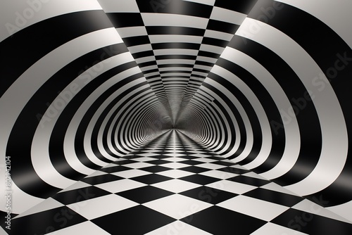 Fototapeta Naklejka Na Ścianę i Meble -  3d illustration of black and white abstract tunnel with a checkered pattern, AI Generated