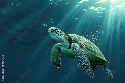 Ocean Creature. Green Sea Turtle Swimming at the Bottom of the Blue Sea