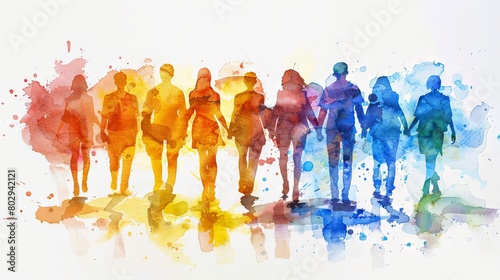 Colorful watercolor silhouette of diverse people standing together