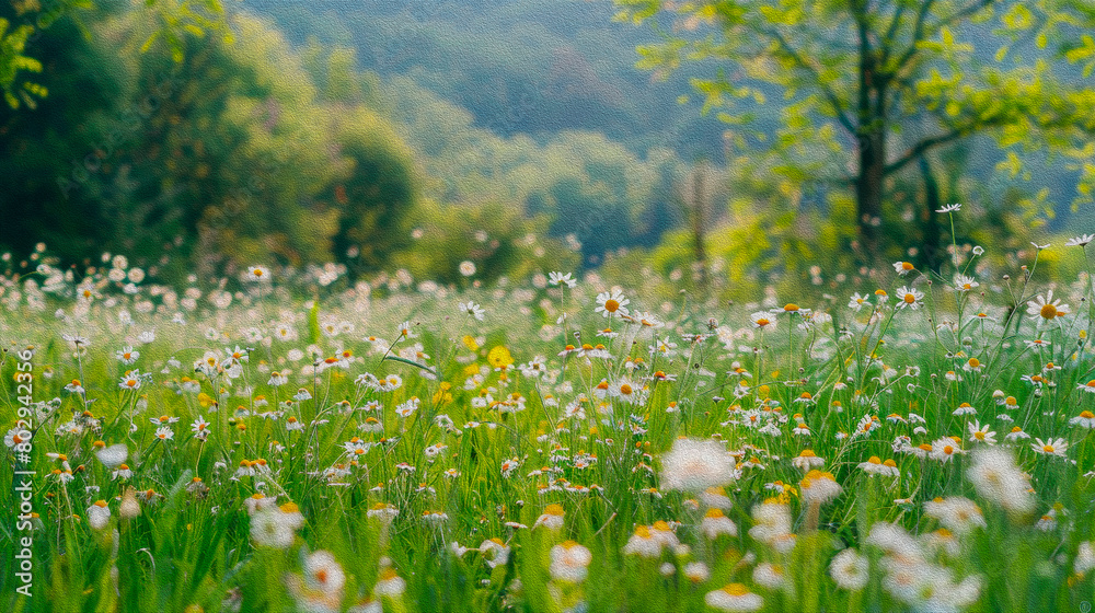 Beautiful spring landscape with meadow flowers and daisies in the grass. Natural panorama. Beautiful spring landscape with meadow flowers and daisies in the grass. Natural panorama.