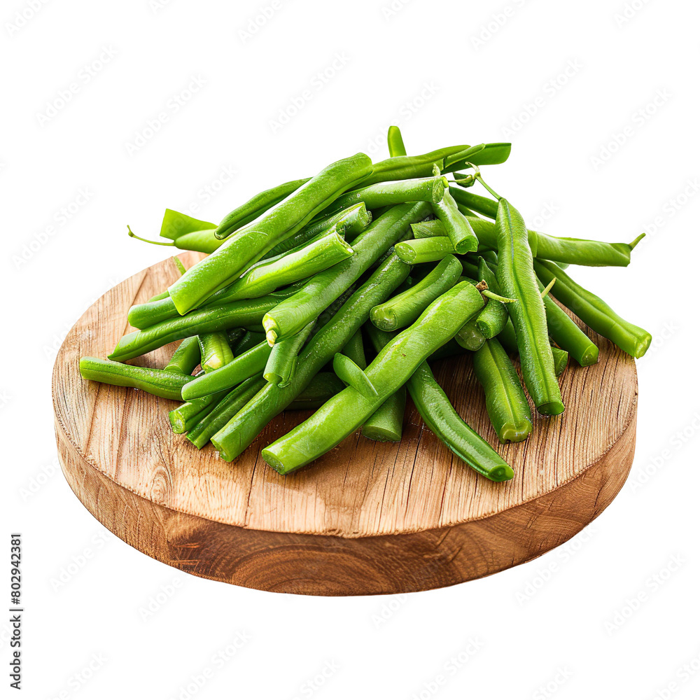 Front view of a pile of cut green beans on a wooden chopping board isolated on a white transparent background Front view of a pile of cut green beans on a wooden chopping board isolated on a white transparent background