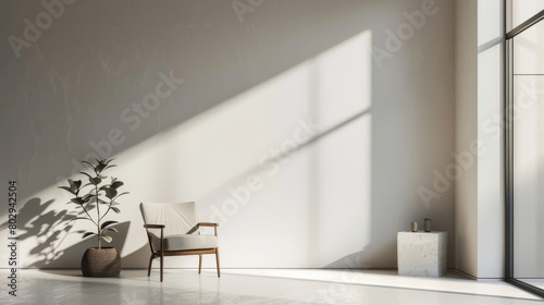 Sleek minimalist interior with stylish chair and plant  sunlight creating dramatic shadows