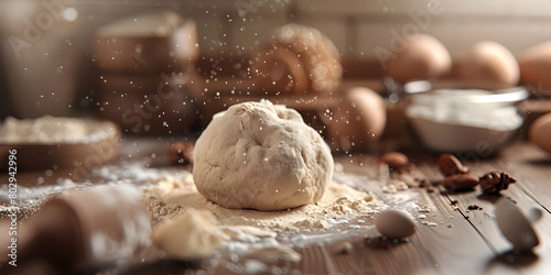 Dough, rolling pin and wheat ears on the old wooden sprinkled background floured