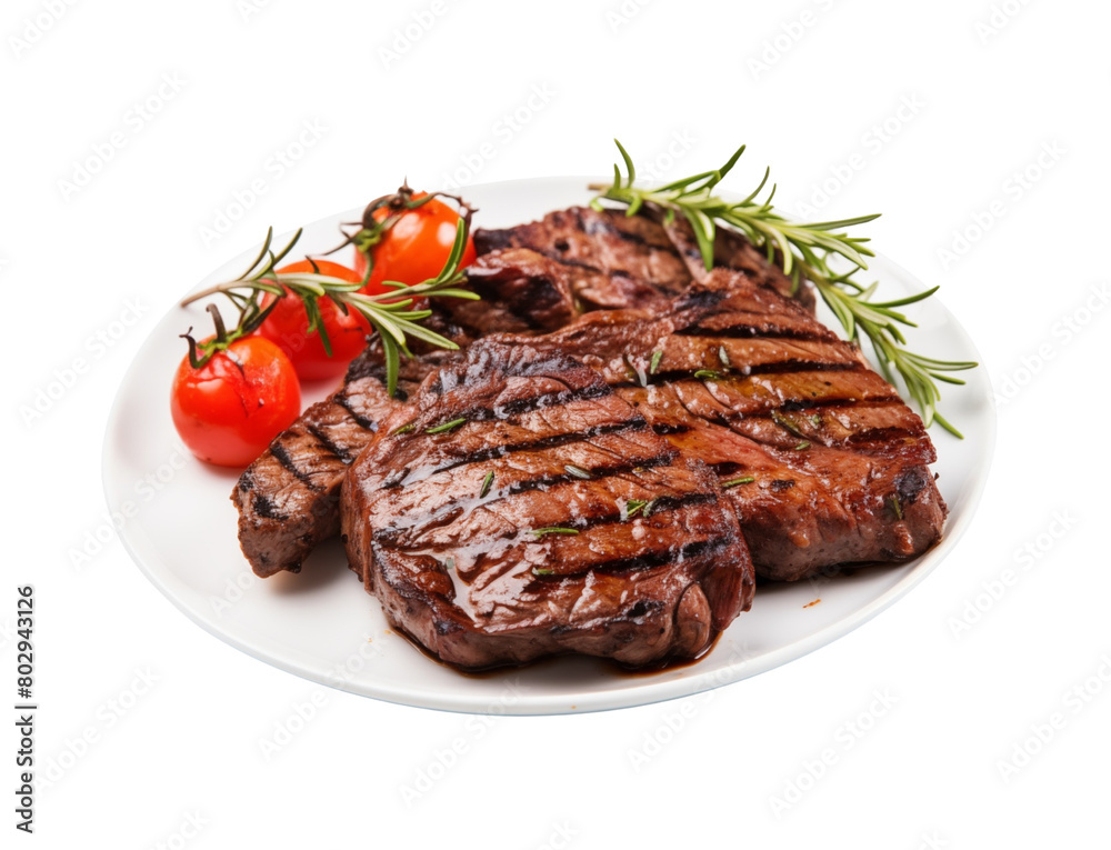 Succulent grilled steaks on a plate with roasted tomatoes and rosemary, embodying a delicious gourmet meal. Generative AI