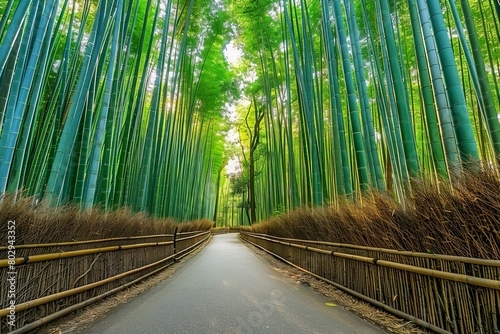 Tranquil Walkway Through Lush Green Bamboo Forest.