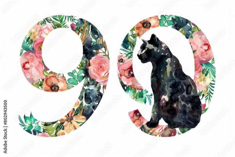 A black cat sitting in the middle of a floral number. Perfect for pet and nature themed designs