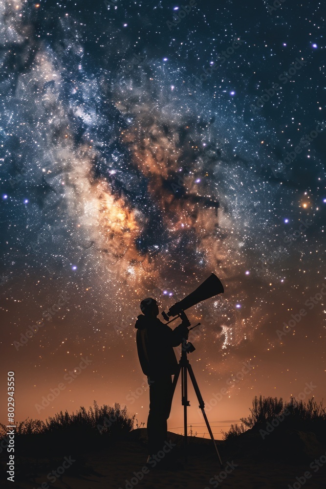 Man using telescope to observe stars. Suitable for astronomy enthusiasts