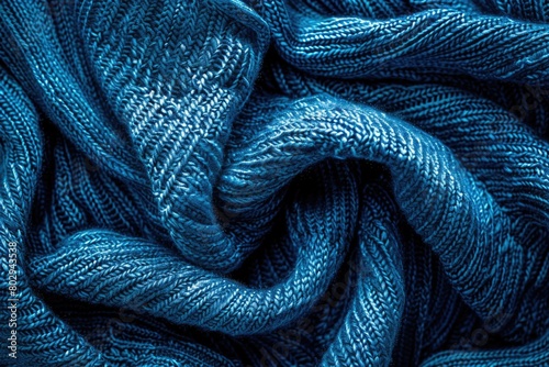 A detailed view of a cozy blue knitted blanket, perfect for home decor