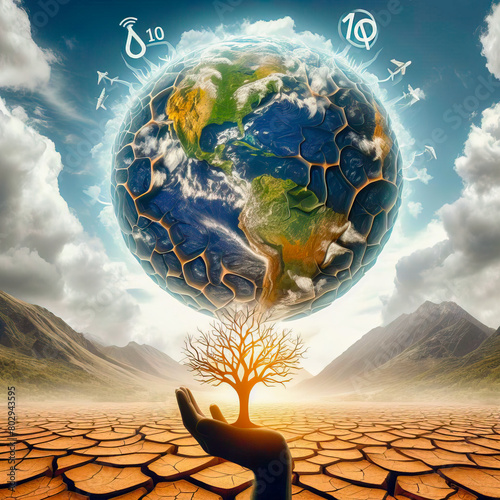 Dry tree, cracked land and earth. Global Warming nature disaster concept