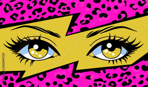 Pop art vector collage of anime style eyes with 90's neon retro makeup and leopard print on the background. Fashionable manga-inspired design.