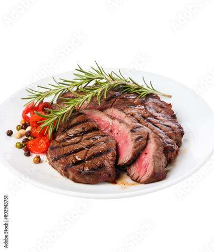 Succulent grilled steaks on a plate with roasted tomatoes and rosemary, embodying a delicious gourmet meal. Generative AI