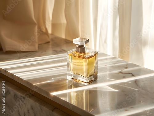 Luxurious Perfume Bottle Bathed in Warm Natural Light on Marble Countertop