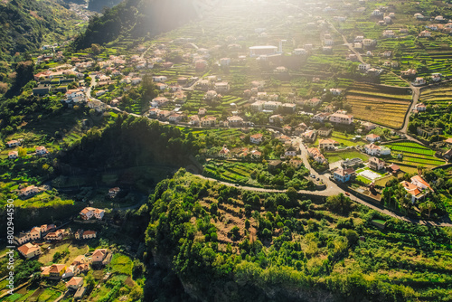 Sunny day with aerial view of Capelinha de Nossa Senhora de Fatima, Sao Vicente, Madeira Island, Portugal
