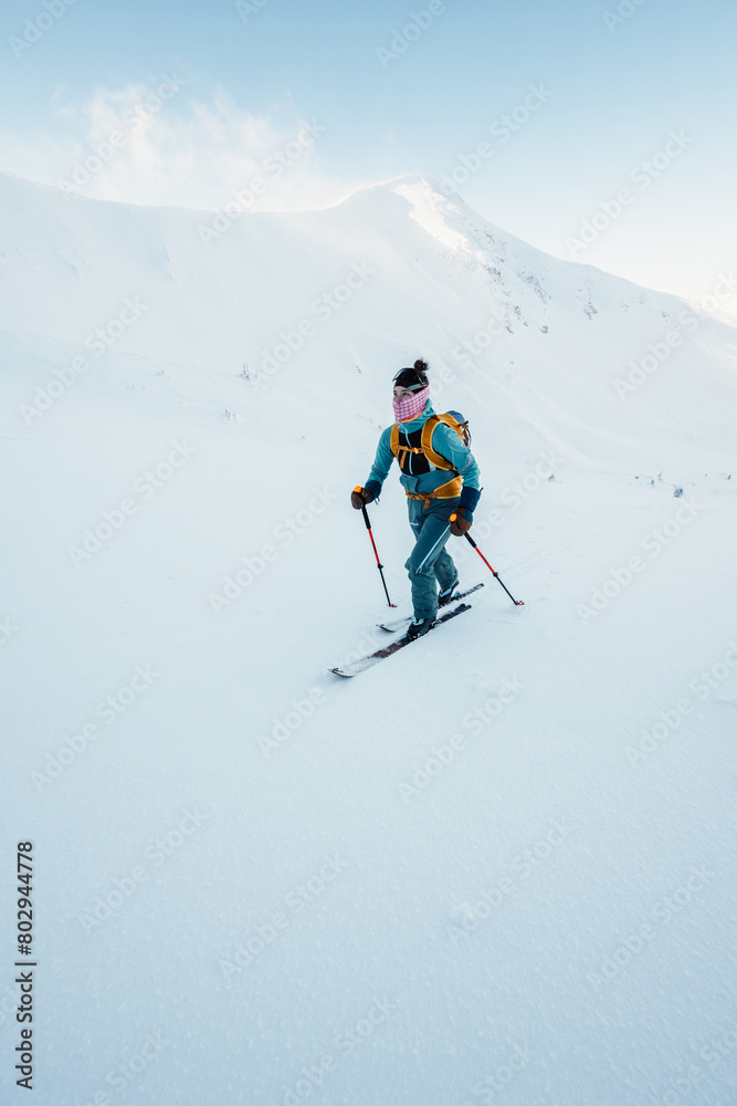Mountaineer backcountry ski walking ski alpinist in the mountains. Ski touring in alpine landscape with snowy trees. Adventure winter sport. Low Tatras, slovakia Mountaineer backcountry ski walking ski alpinist in the mountains. Ski touring in alpine landscape with snowy trees. Adventure winter sport. Low Tatras, slovakia