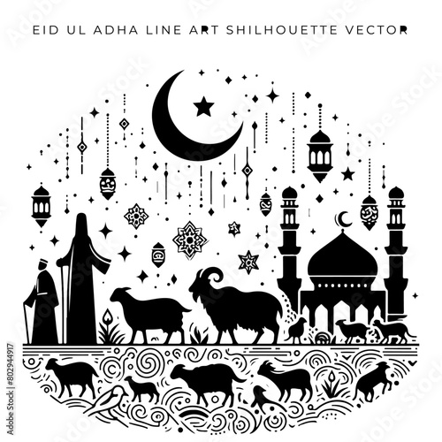 Eid Al-Adha praying with happiness  line art silhouette vector illustration
