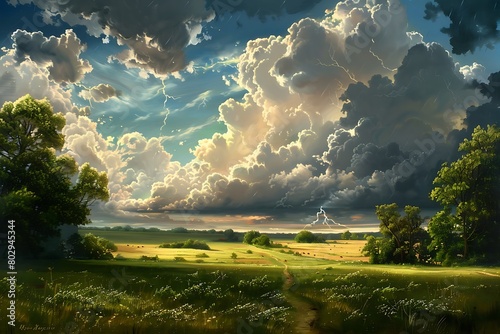Thunderstorm over a verdant summer meadow