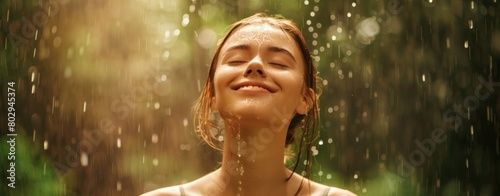 Happy smiling woman is under the rain. Stunning golden sun rays shine on playful young woman enjoying a summer rain