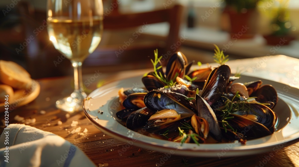 Fresh plate of mussels served with a glass of wine, ideal for restaurant menus or food blogs