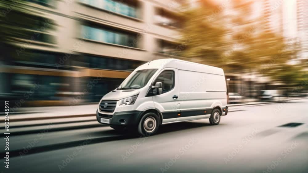 A white minibus moving and delivery on city streets. A white minibus moving and delivery on city streets.