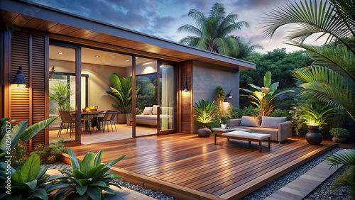 Modern style outdoor entertaining area with wooden deck and tropical plants surrounding the patio area photo