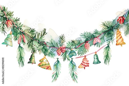 Festive watercolor Christmas garland with bells and ornaments  perfect for holiday designs