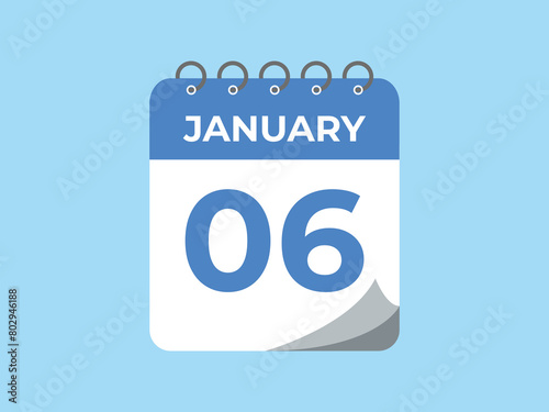 january 6 calendar reminder. 6 january daily calendar icon template. Calendar 6 january icon Design template. Vector illustration
