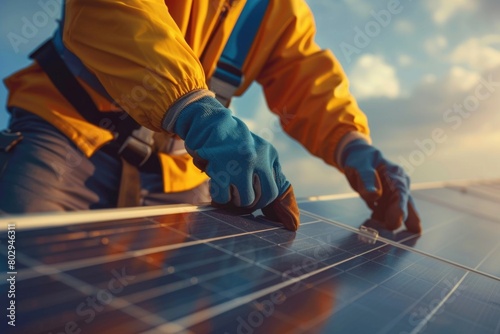 A man in a yellow jacket and blue gloves working on a solar panel. Suitable for renewable energy concepts © Fotograf