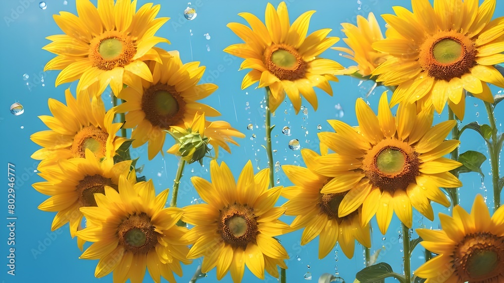 Creative floral concept. Sunny big sunshine yellow sunflower sunflowers with leaf leaves on sky blue background with rain water droplet. Mock up presentation. copy text space. top view, flat lay