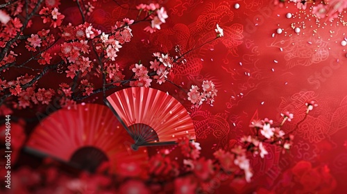 Chinese dragon with cherry blossoms and red fans on a red background