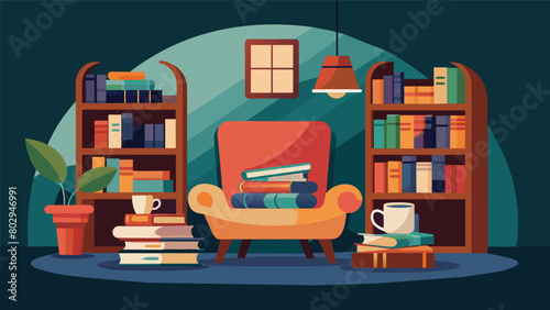 Amidst the smell of old paper the cozy reading nook in the secondhand bookshop feels like a familiar and comforting place to curl up with a cup of tea. Vector illustration