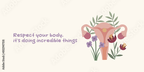 Floral uterus and inspirational quote about women’s health. Female strength and reproductive wellness concept. Perfect for health education, women's rights projects, and medical awareness. Gynecology,