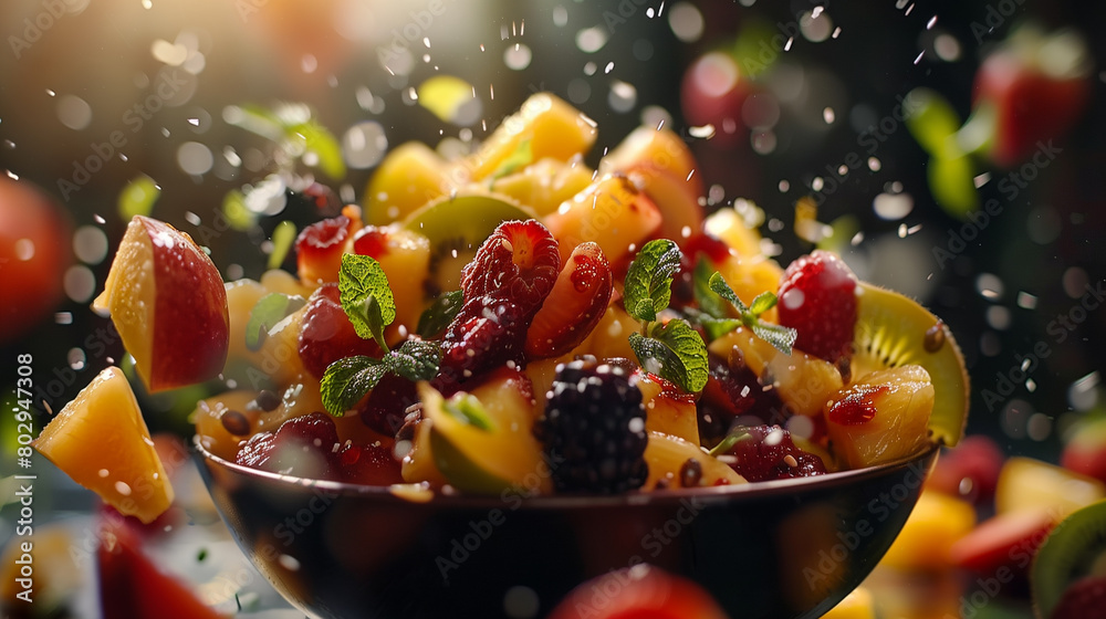 A burst of exotic fruits around a bowl of tropical fruit salad, Flying Food shot, studio lighting