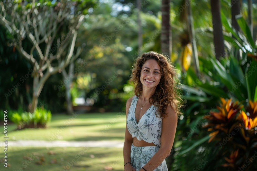 Joyful young woman in tropical setting, with vibrant green foliage background, travel and lifestyle themes. Joyful young woman in tropical setting, with vibrant green foliage background, travel and lifestyle themes.