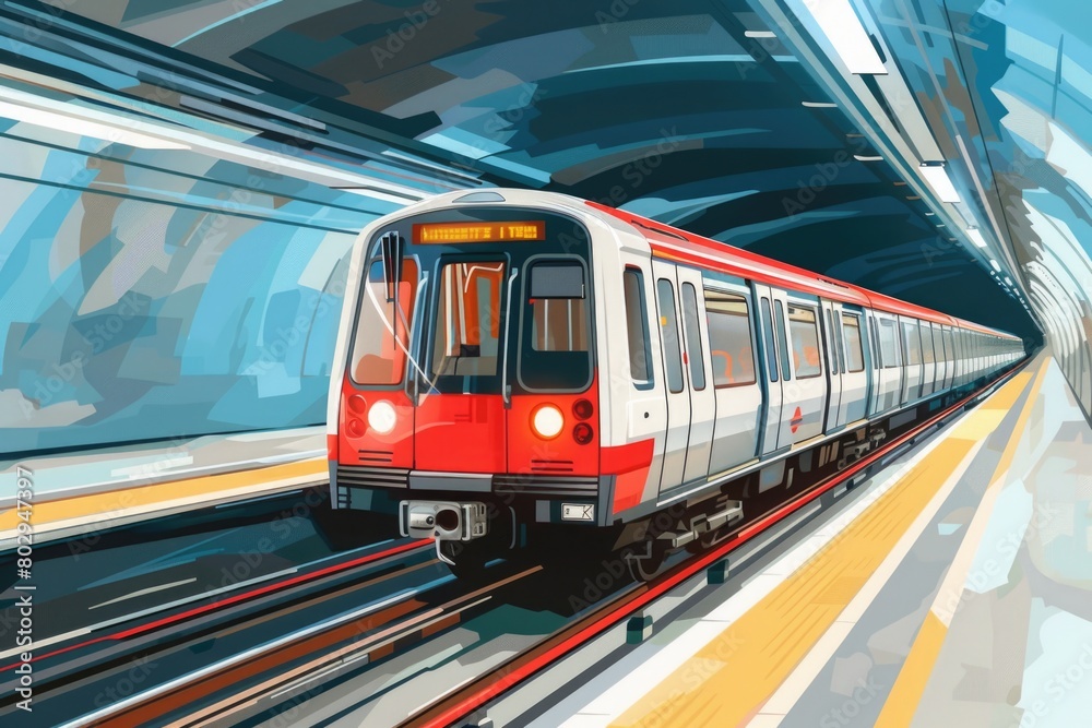A red and white train traveling through a tunnel. Ideal for transportation concepts