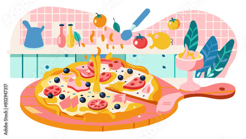 Colorful Homemade Pizza on Kitchen Counter Illustration