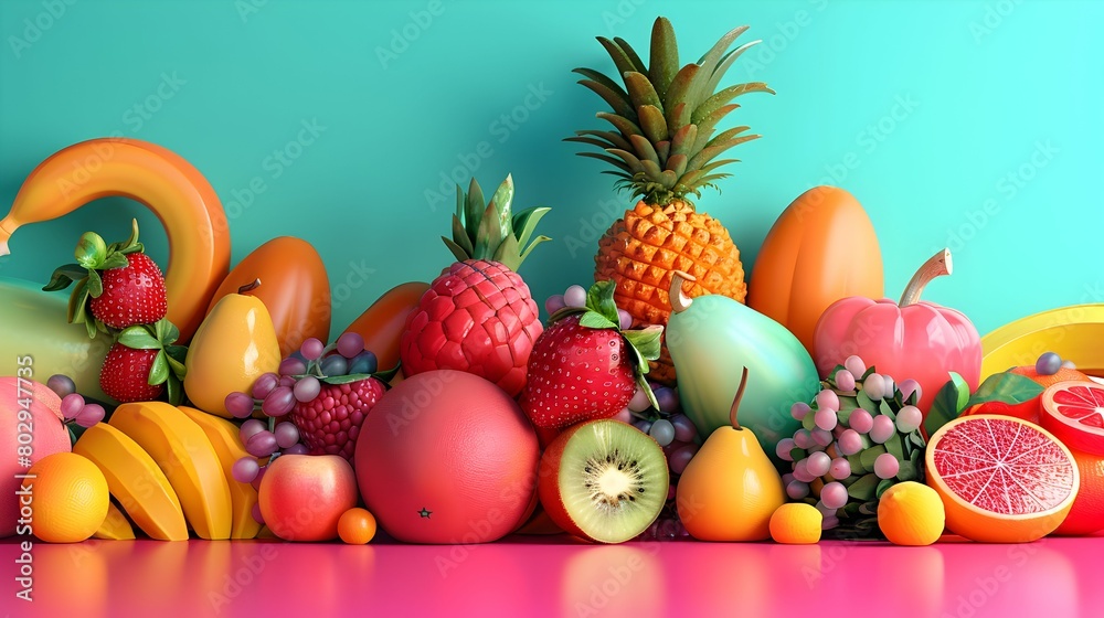 An eye-catching display of various tropical fruits, including pineapples, melons, and bananas, showcased on a bright turquoise background.