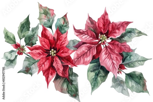 Fototapeta Naklejka Na Ścianę i Meble -  Beautiful watercolor painting of poinsettias on a white background, perfect for holiday designs