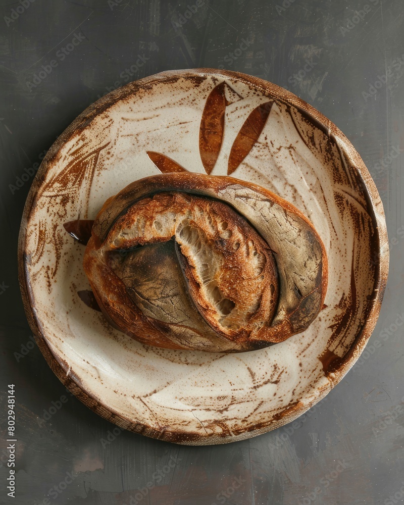 Baked bread in rustic plate on dark background. Top view. Baked bread in rustic plate on dark background. Top view.