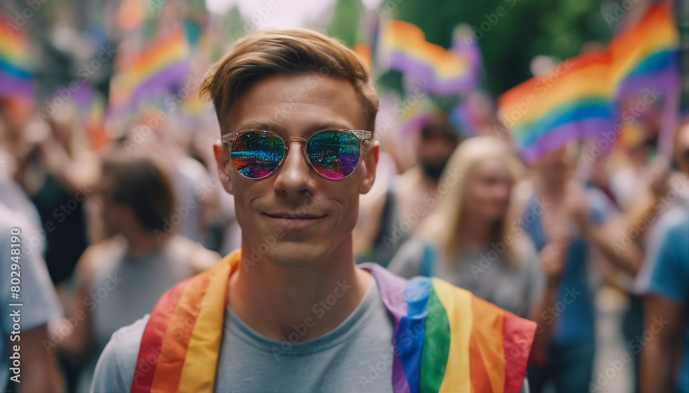 portrait of a man, Among the streets, hundreds of people march with LGBTQ flags in the pride para
portrait of a man, Among the streets, hundreds of people march with LGBTQ flags in the pride para