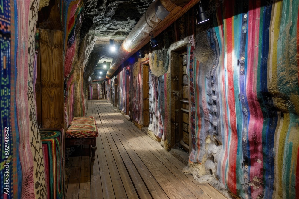 Colorful fabrics hanging in a long hallway, ideal for interior design projects