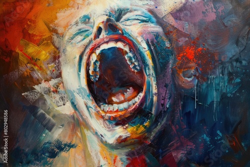 A painting of a man screaming with his mouth open. Suitable for various artistic projects