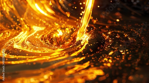 Artistic representation of the process of pouring gold, emphasizing the fluid motion and the fiery glow that radiates from the molten metal