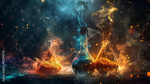 Artistic representation of the alchemical gold transformation process, highlighting vibrant flasks and swirling vapors around the emerging gold, capturing the magical and mysterious essence of alchemy photo