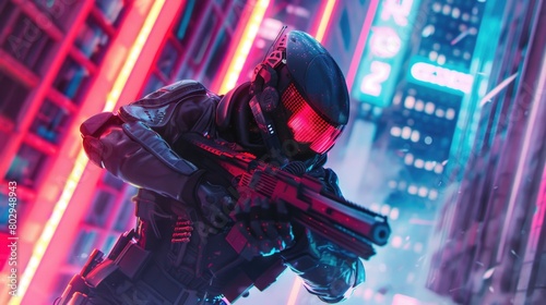 A man holding a gun in a futuristic urban landscape. Suitable for crime or sci-fi themes