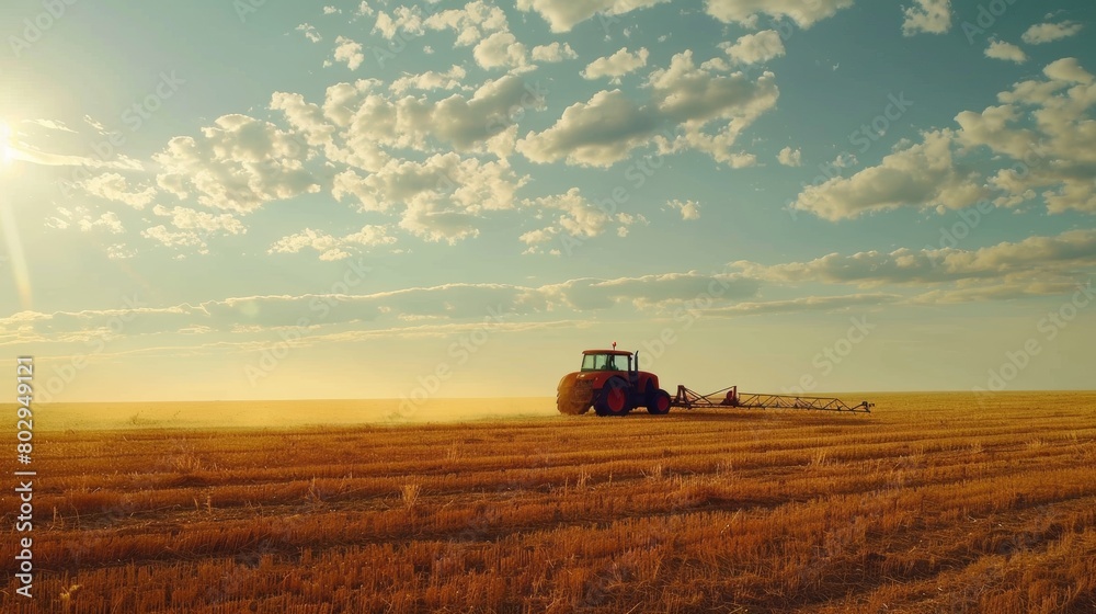 Fototapeta premium Tractor spreads chemicals on crops in a field against a backdrop of the setting sun