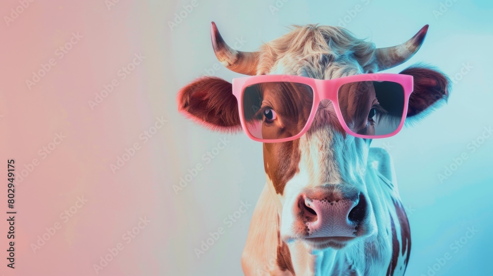 Fototapeta premium A fancy cow wearing glasses on vivid background. Animal wearing sunglasses