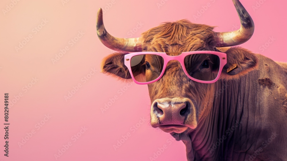 Obraz premium A fancy cow wearing glasses on pink background. Animal wearing sunglasses