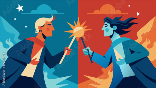 A creative illustration of a poetic battle between two poets each representing opposing views on the idea of freedom and independence on the Fourth of. Vector illustration photo