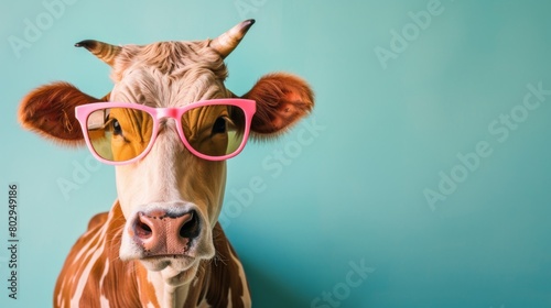  A fancy cow wearing glasses on blue background. Animal wearing sunglasses